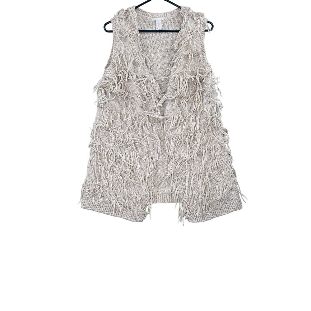 H&M Fringe Knit Sleeveless Cardigan Beige Acrylic Blend XS Layered Boho Vest